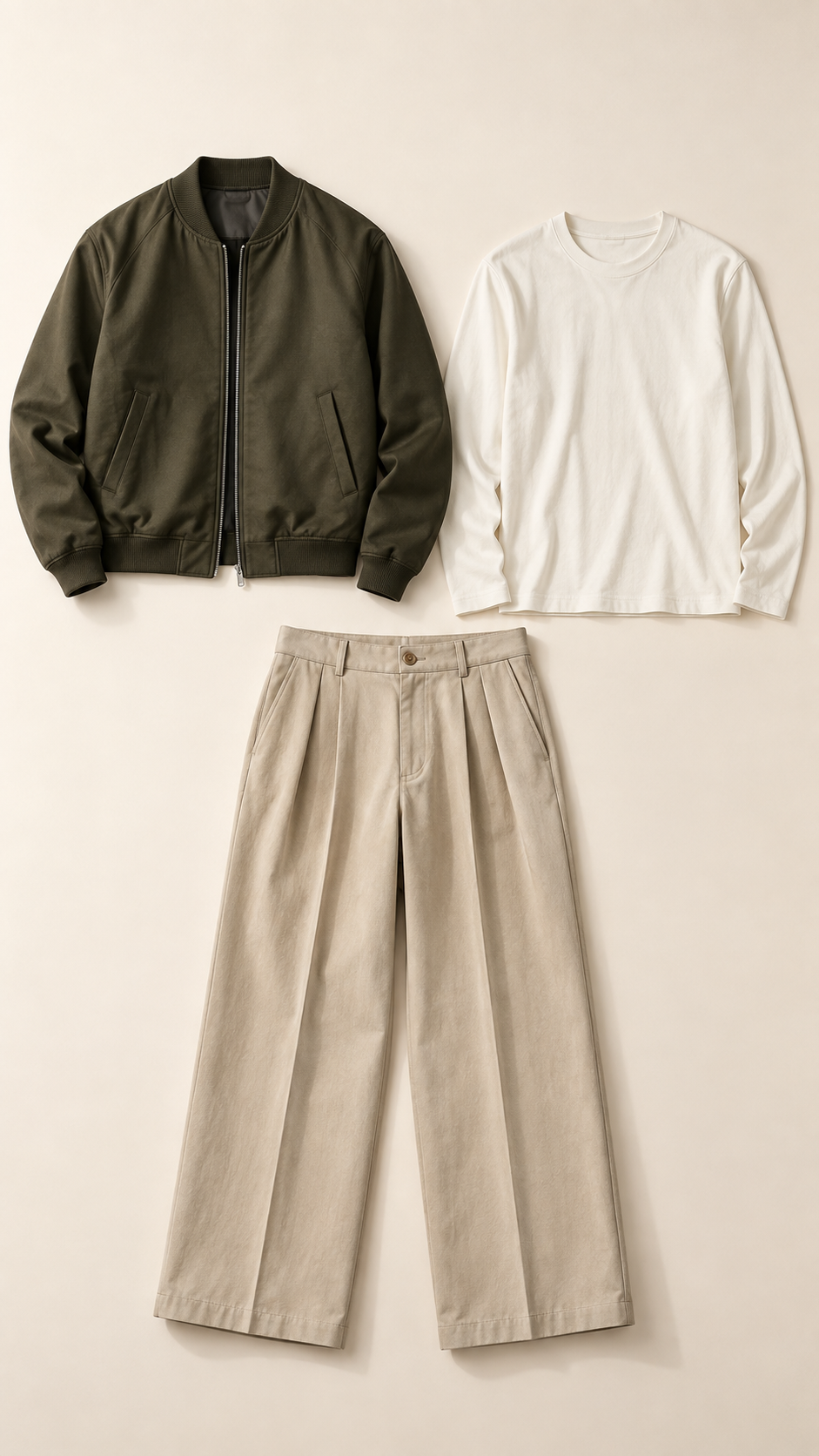 Three-piece reference: dark khaki bomber, white long-sleeve T-shirt and light beige pleated trousers