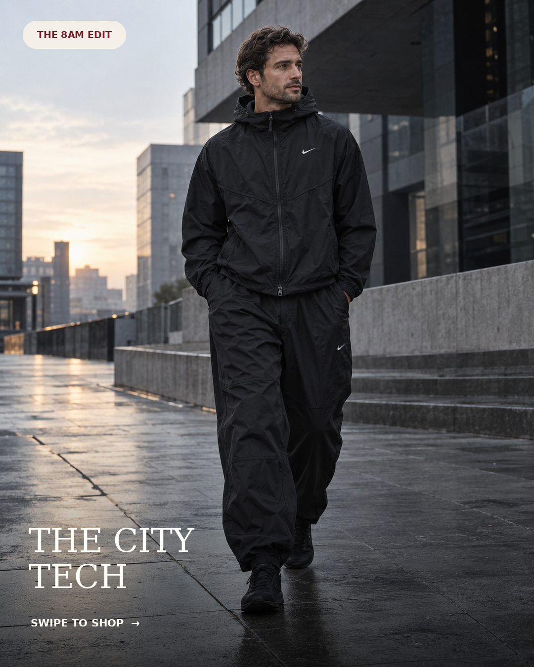 The City Tech: black Nike technical jacket with oversized woven trousers