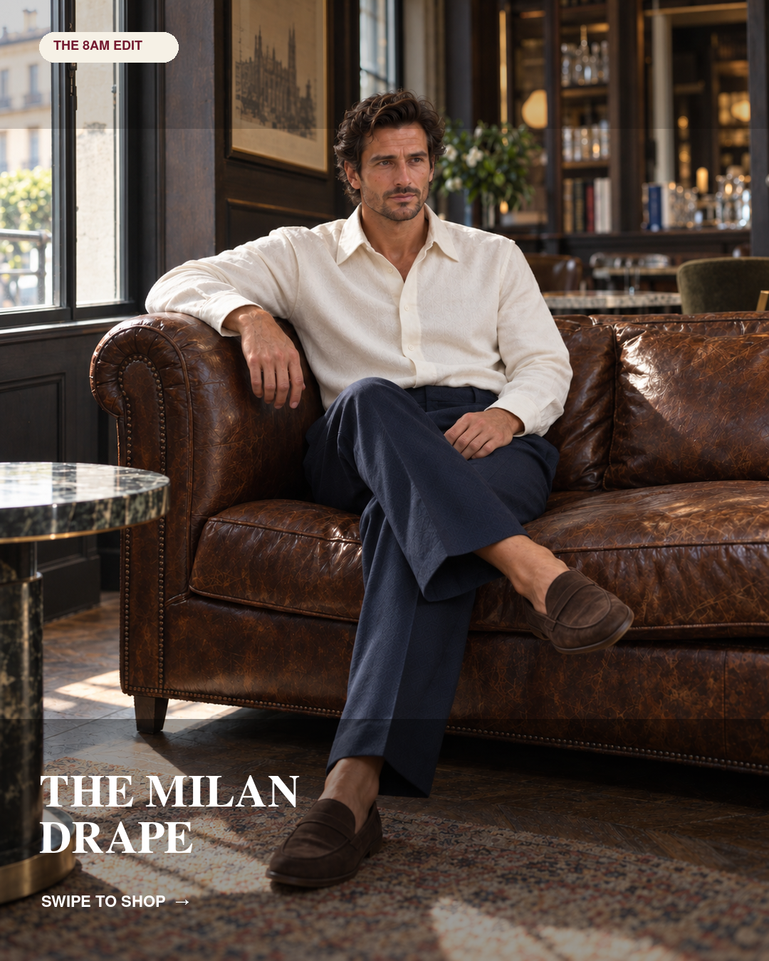 The Milan Drape: off-white shirt with navy wide-leg trousers