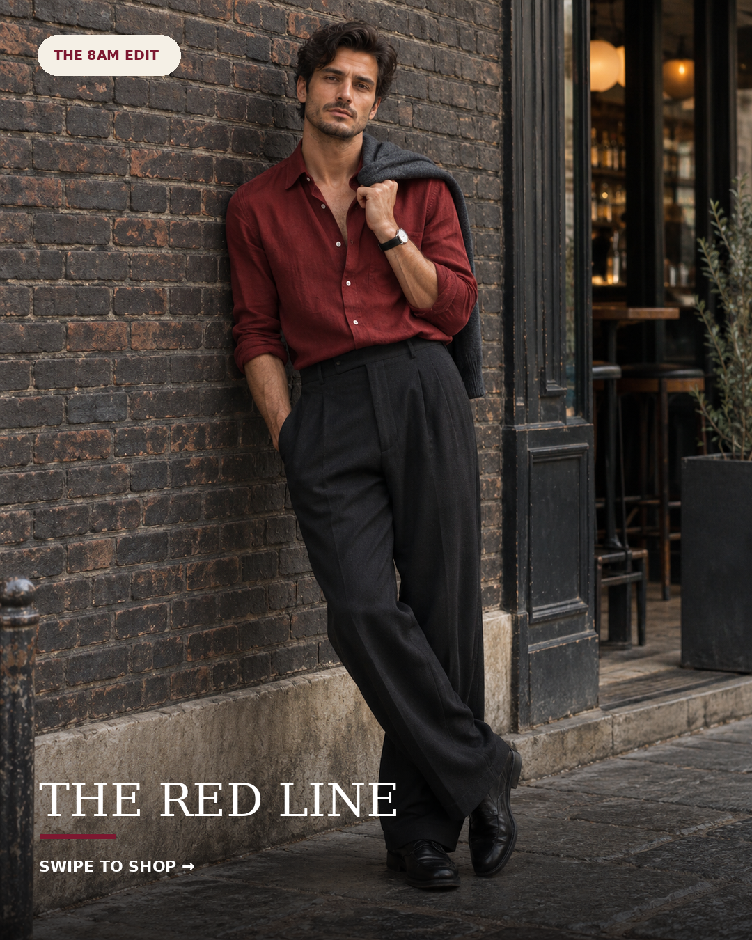 The Red Line: relaxed red shirt with black wide-leg trousers