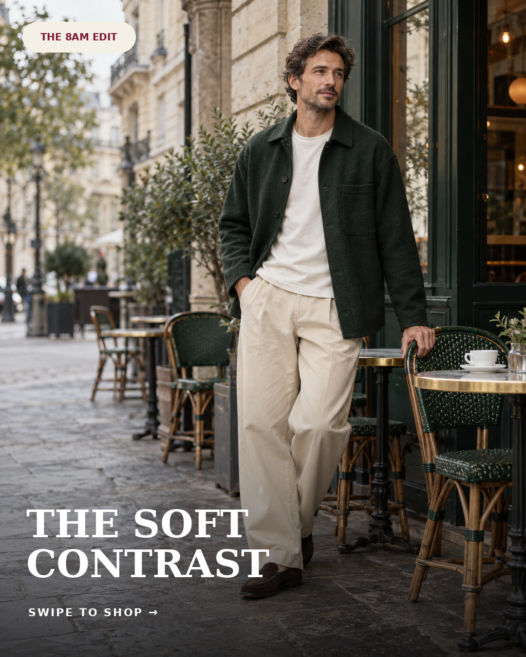 The Soft Contrast: dark-green overshirt with off-white relaxed trousers