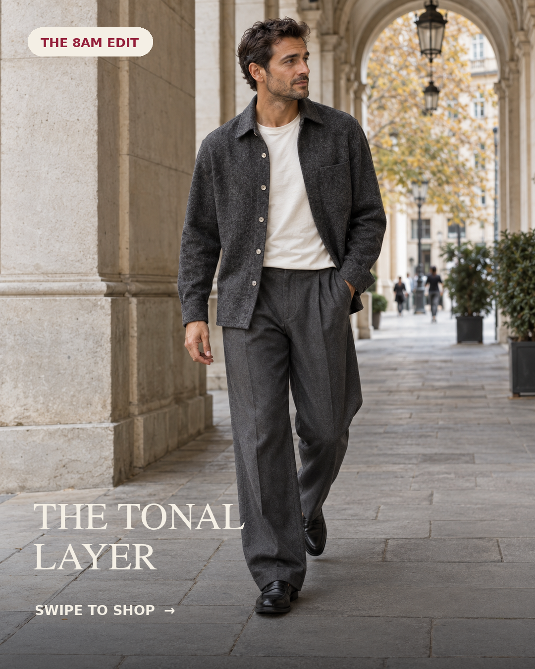 The Tonal Layer: charcoal wool overshirt with relaxed dark-grey trousers