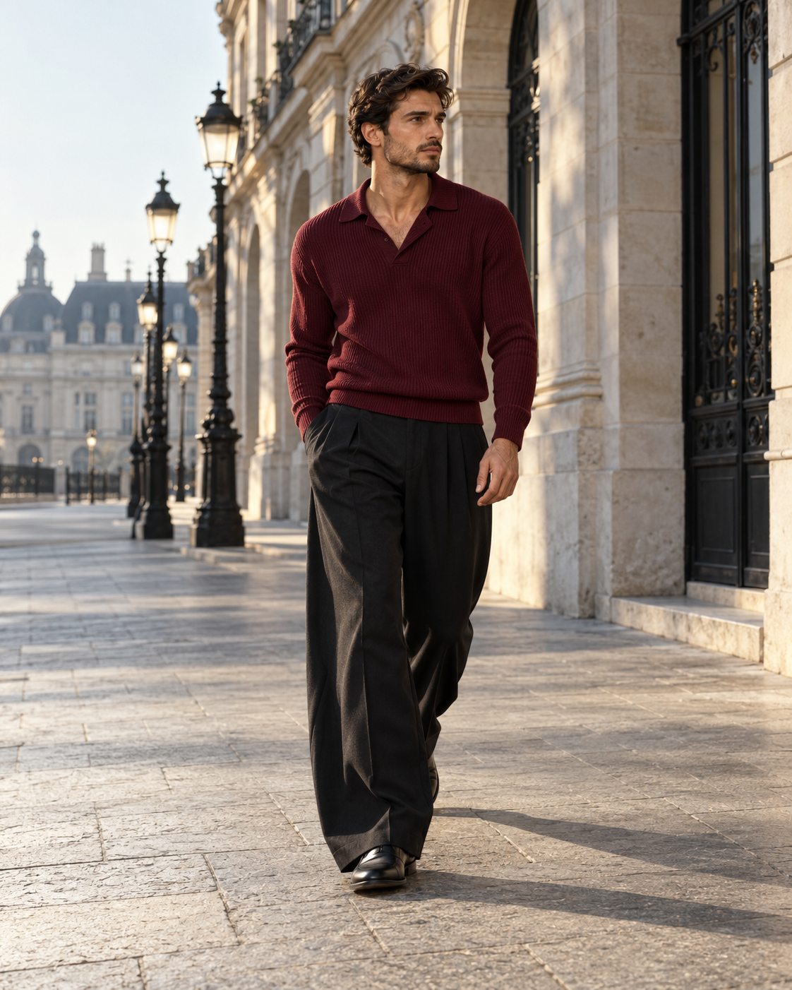 The Wide-Leg Formula: burgundy knit polo with black pleated wide-leg trousers
